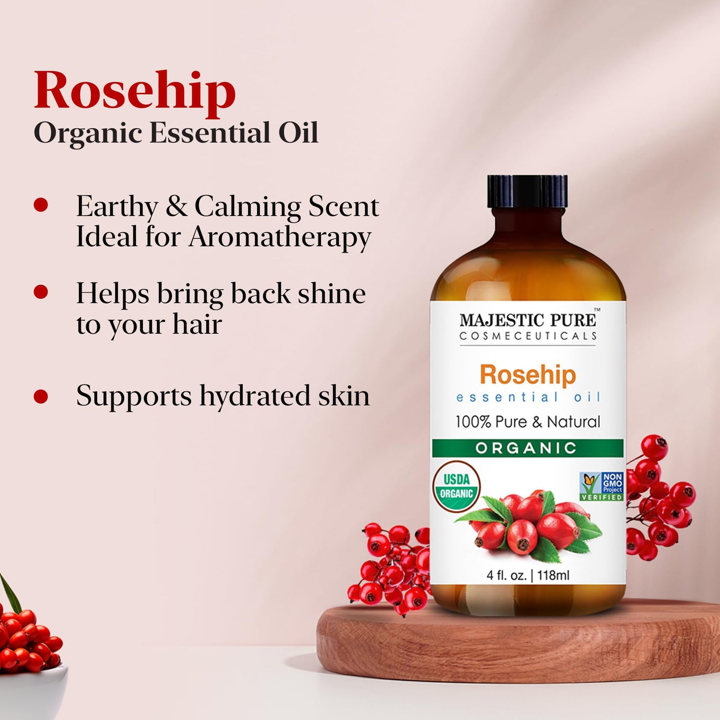 Majestic Pure Organic Rosehip Oil | USDA Organic Oil Rose Hip for Face, Skin, Hair & Massage | Acne Scars & Facial Oil | for Women & Men | 4fl oz