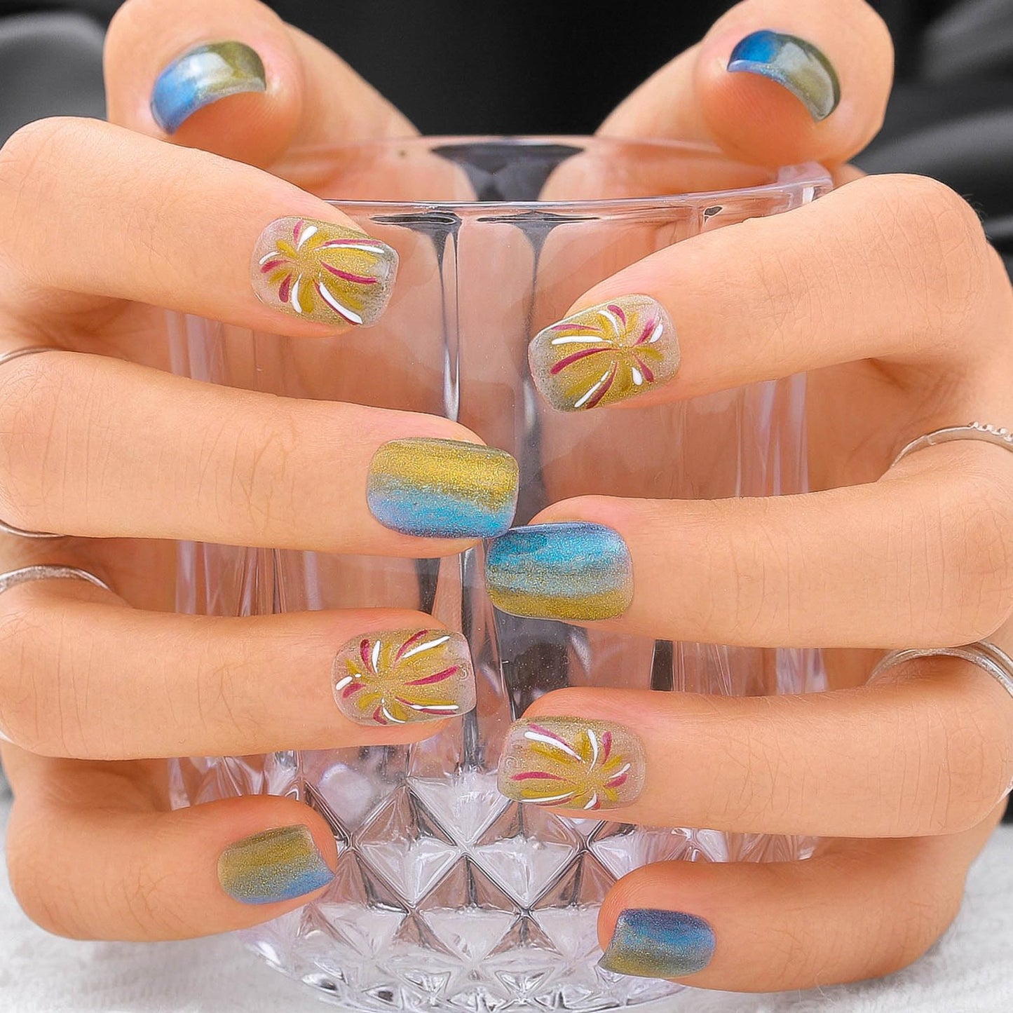 Sethexy Cat Eye Handmade Press On Nails Short Coffin Hand-painted False Nails with Design Acrylic Glossy Salon Fake Nails for Women and Girls 10PCS (Yellow)