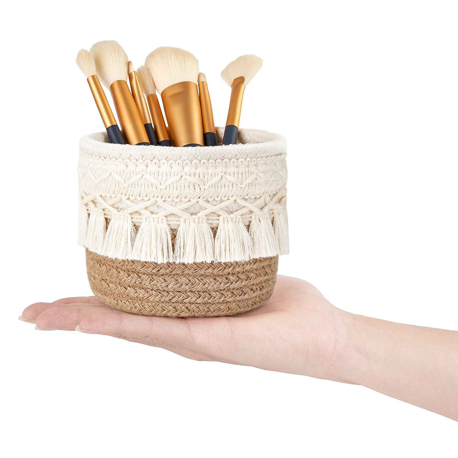 Mkono Macrame Makeup Brush Holder Organizer Comb Brushes Mini Storage Basket Set of 2 Boho Decor Baskets for Pen Pencil Box Container,Yellow and White