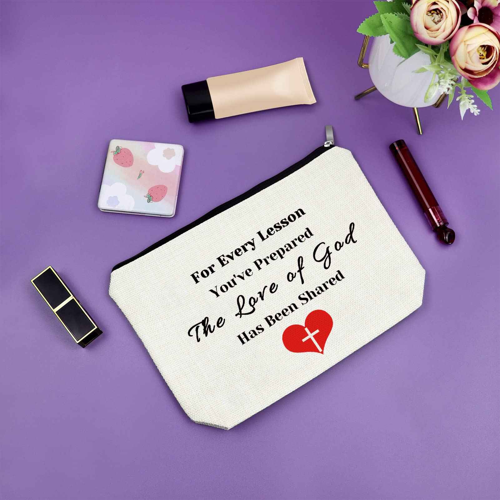 Sazuwu 3PCS Sunday School Teacher Appreciation Gifts Makeup Bag Thank You Religious Gifts for Women Christian Cosmetic Travel Bag Organizer