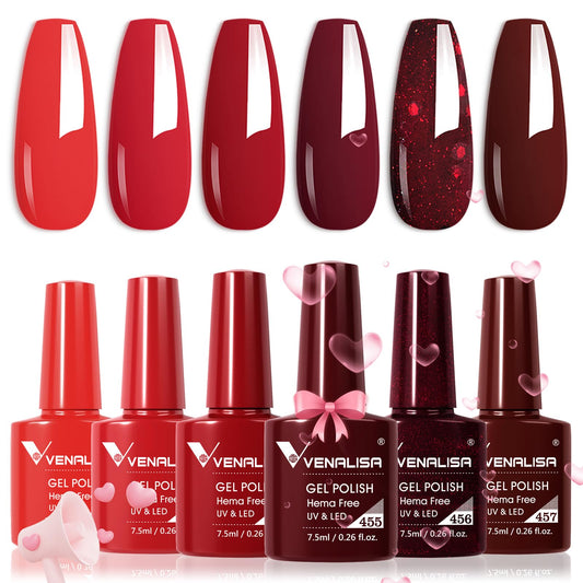 VENALISA Hema-Free Red Gel Nail Polish Set- 6 Colors Popular Red Burgundy Glitter Gel Polish Kit, DIY at Home Salon Christmas New Year's Gifts for Girls