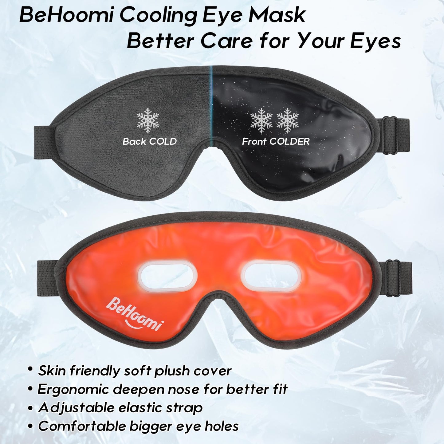 BeHoomi Cooling Eye Mask, Gel Eye Mask Cold Compress for Eyes, Reusable Eye Ice Pack, Cool Relaxation, Comfort Snug Fit, No Freeze, Eye Cover Ice Mask for Home, Office, 2PCS, Black & Orange