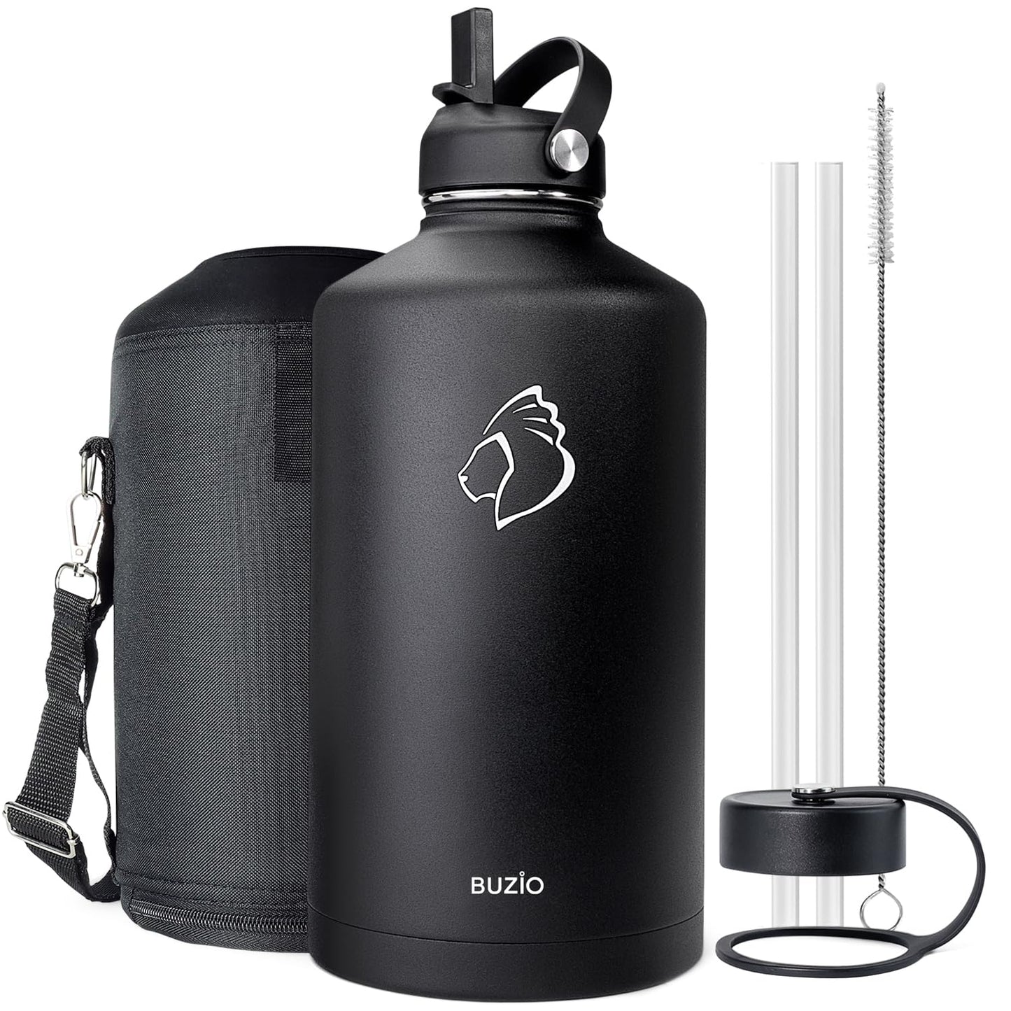 BUZIO 1 Gallon Water Jug with Straw Handle Lid, 128oz Water Bottle Stainless Steel Double Wall Hydro Jug 18/8 Food Grade Thermo Mug Keep Cold 48H & Hot 24H, Black