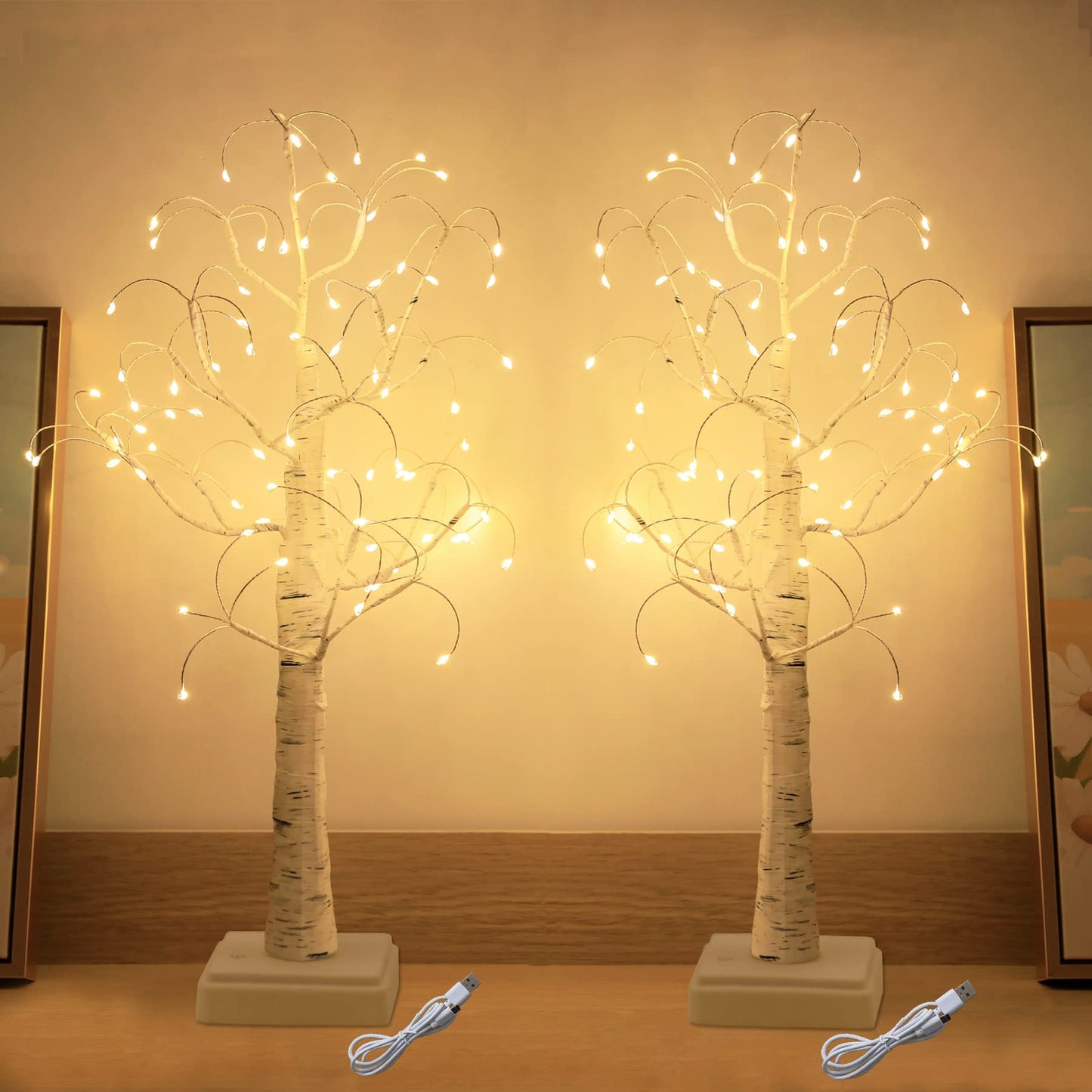 2 Pack White Birch Tree with 72 led Lights Table Lighted Trees with USB or Battery Operated Artificial Bonsai Tree Light for Tabletop Bedroom Wedding Christmas Decorations