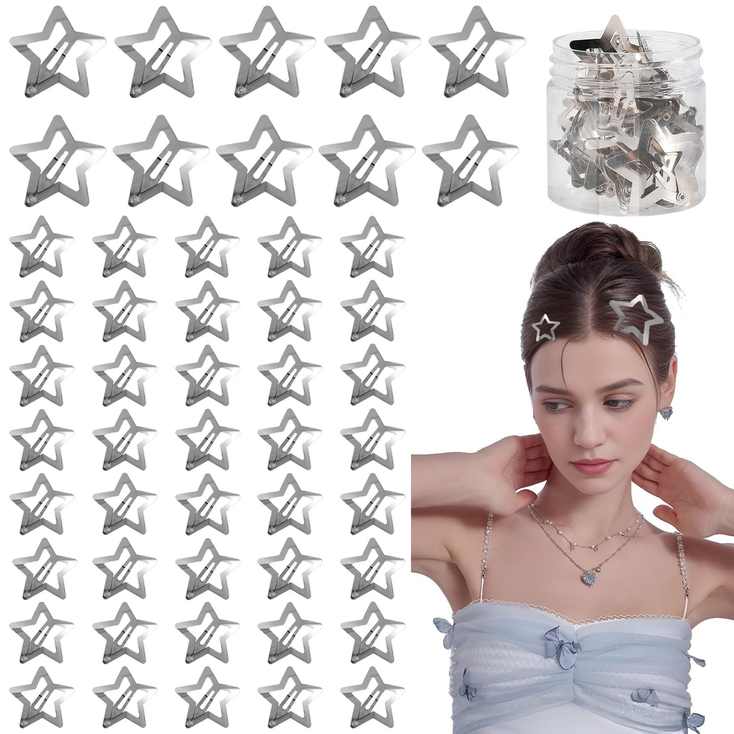 Kasmena 50PCS Star Hair Clips for Girls,Cute Snap Hair Clips Star Hair Accessories for Women Girls Star Clips Silver Hair Clips Hair Barrettes for Girls Non Slip Metal Hair Clips