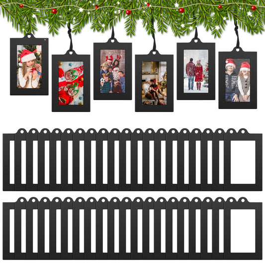 Barydat 50 Pcs Christmas Picture Frame Ornaments 2 x 3 Inches 2024 Small Metal Photo Frame with Ribbon Hanging Picture Frames for Family Photo Christmas Tree Xmas Party Holiday Decoration (Black)