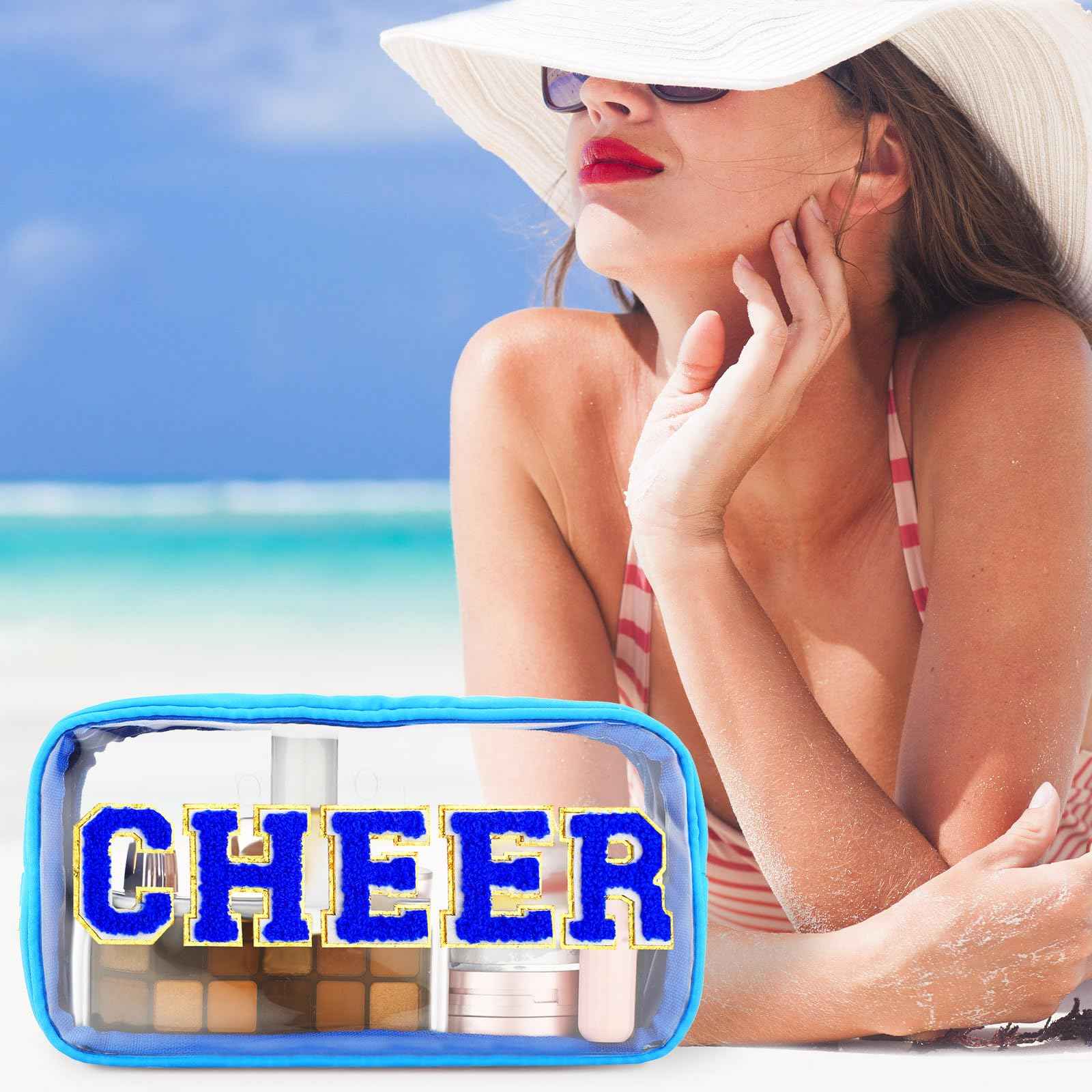 Abbylike Cheer Clear Makeup Letter Bag Cosmetic Zipper Cheers Pouch Chenille Patch Cheerleader Gifts Preppy Cheer Nylon Handmade Toiletry Bags for Women Girls Gifts (1, Blue)