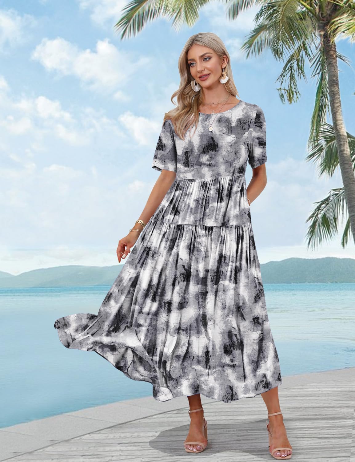 YESNO Women Casual Loose Bohemian Floral Dress with Pockets Short Sleeve Long Maxi Summer Beach Swing Dress S EJF CR419