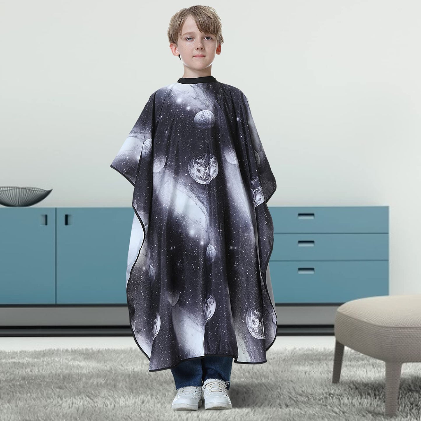 KaHot Haircut Salon Hairdressing Cape for Kids Child Styling Polyester Smock Cover Waterproof Shampoo & Cutting Household Capes with Snap Closure,37"×51" (Space Starry)