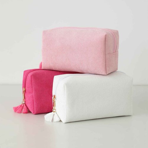 DYSHAYEN Makeup Bag Travel Cosmetic Bag Organizer Tassel Large Corduroy Zipper Pouch, Bridesmaid Gift for Wedding Party (White)