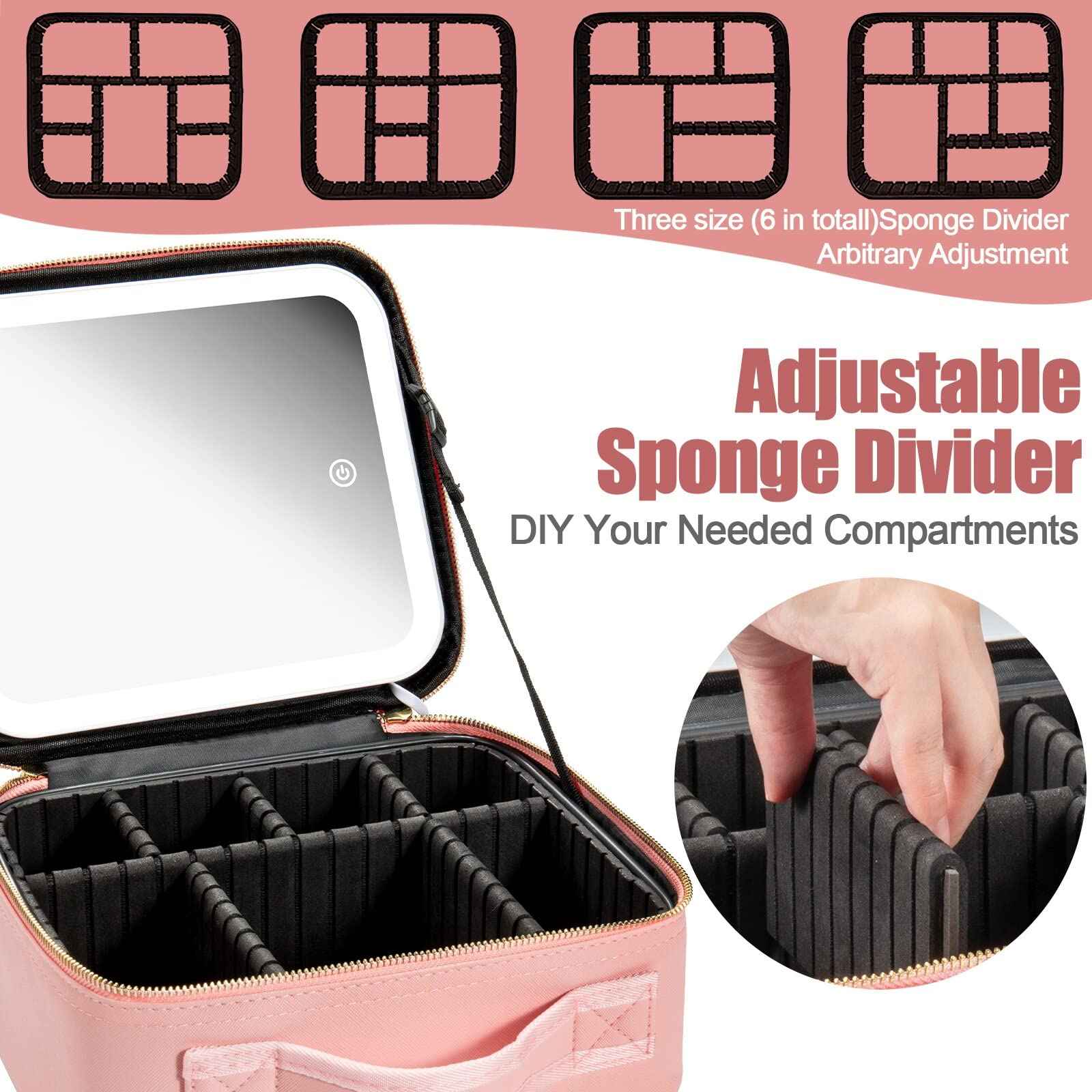 Seoneiro Makeup Travel Bag with LED Lighted Mirror Adjustable Brightness Portable Waterproof Makeup Case with Adjustable Dividers, Make up Train Case Organizer Makeup Brush Accessories and Tool Case