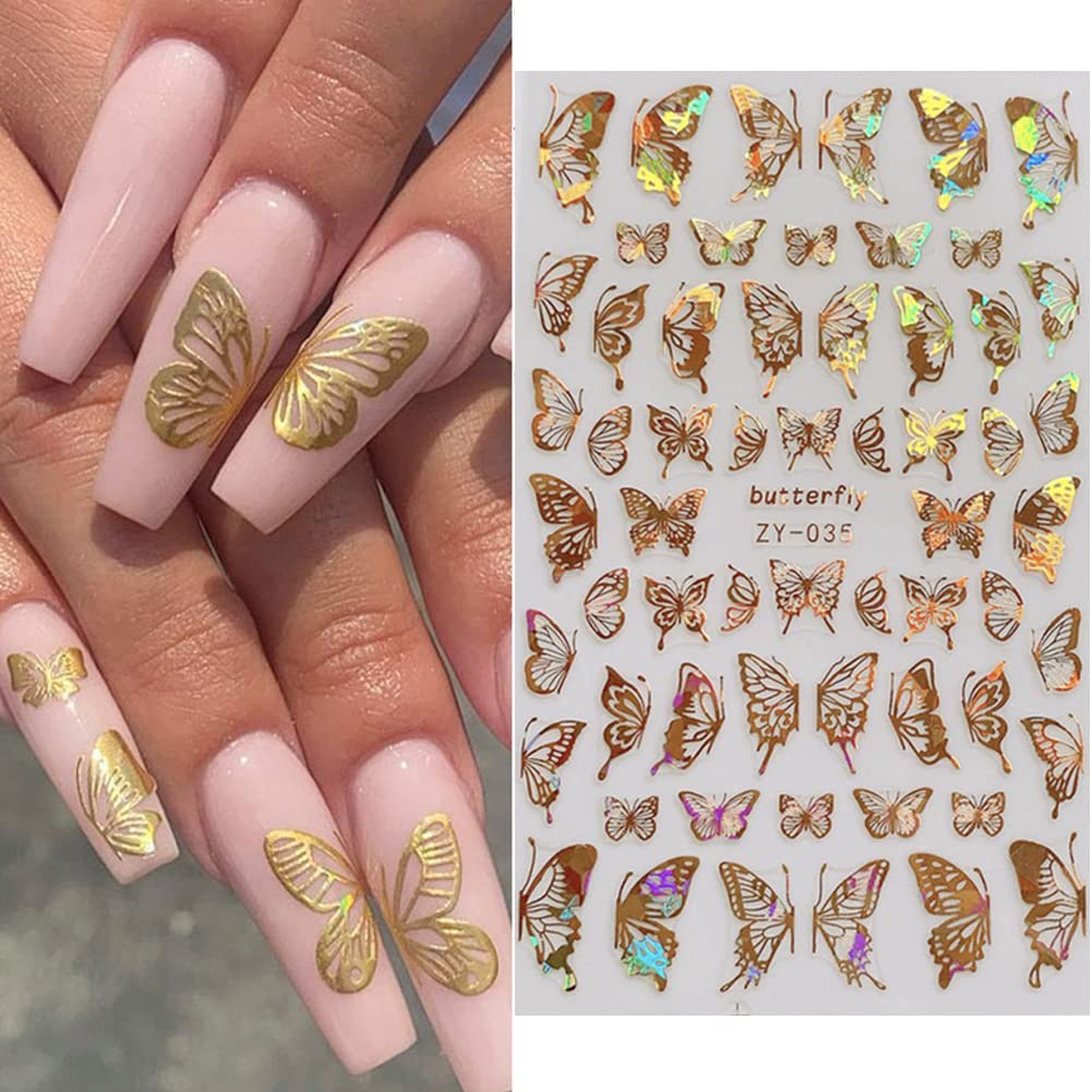 8 Sheets Butterfly Nail Art Stickers Gold Nail Decals,3D Luxury Nail Art Supplies Butterflies Gold Silver Nail Decoration for Designer Nail Stickers for Women DIY Acrylic Nails Decorations Accessories