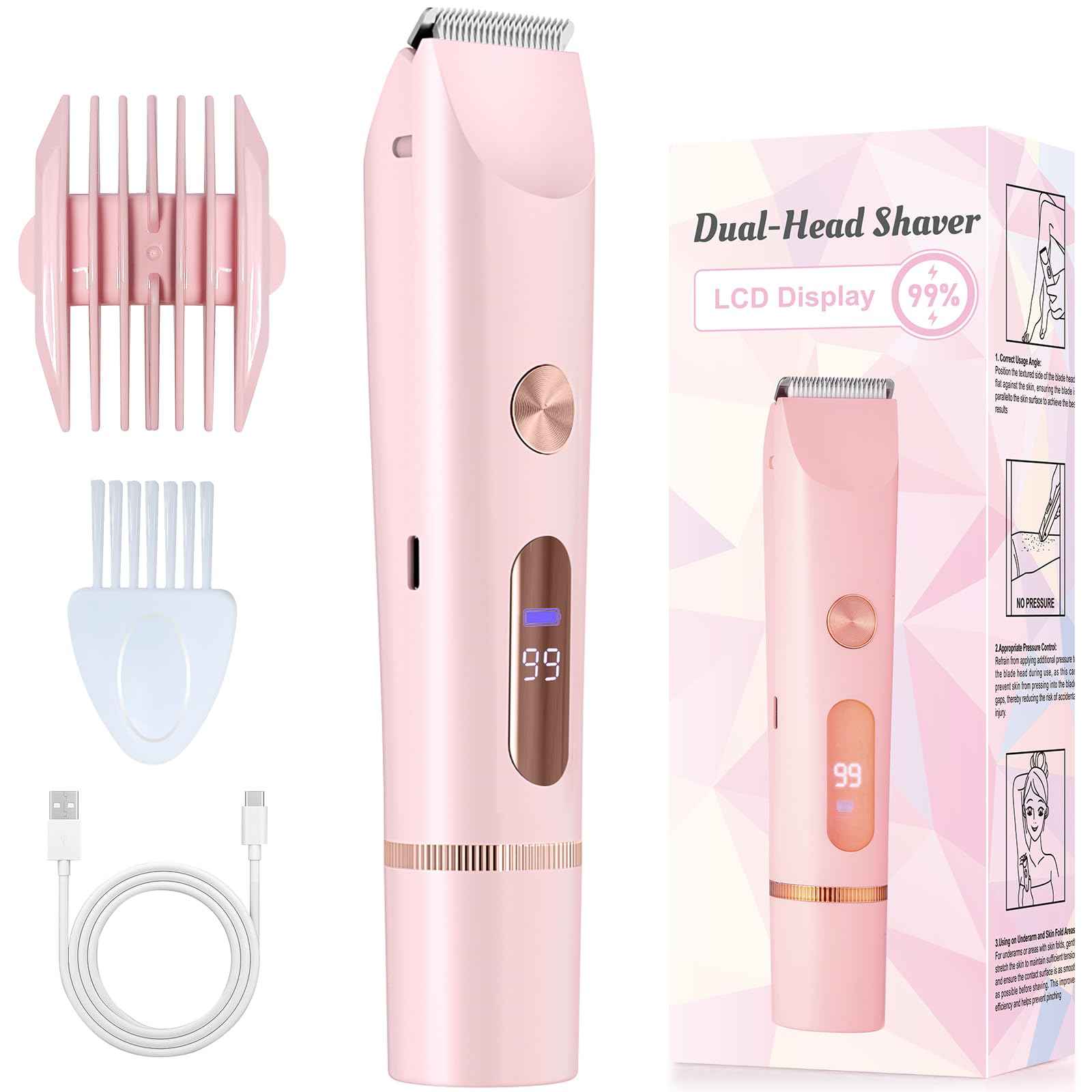 Bikini Trimmer for Women, 2 in 1 Dermave Bikini Shaver with LED Display, Electric Razors for Women, IPX7 Waterproof Wet Dry Use Body Hair Trimmer for Ladies Pubic, Legs, Face, Underarms (Pink)