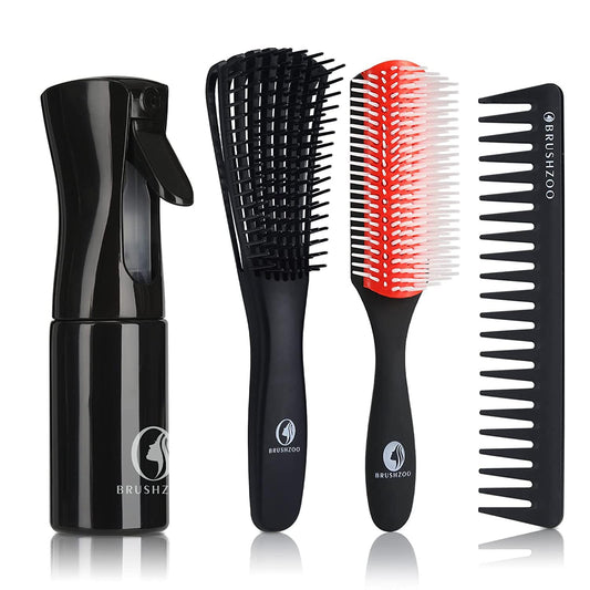 O BRUSHZOO Hair Brush Set, Detangler Brush for Natural 3/4abc Curly Hair, Hair Brushes for Women Men Kids with Detangling Brush Hair Spray Bottle 9 Row Brush Wide Tooth comb