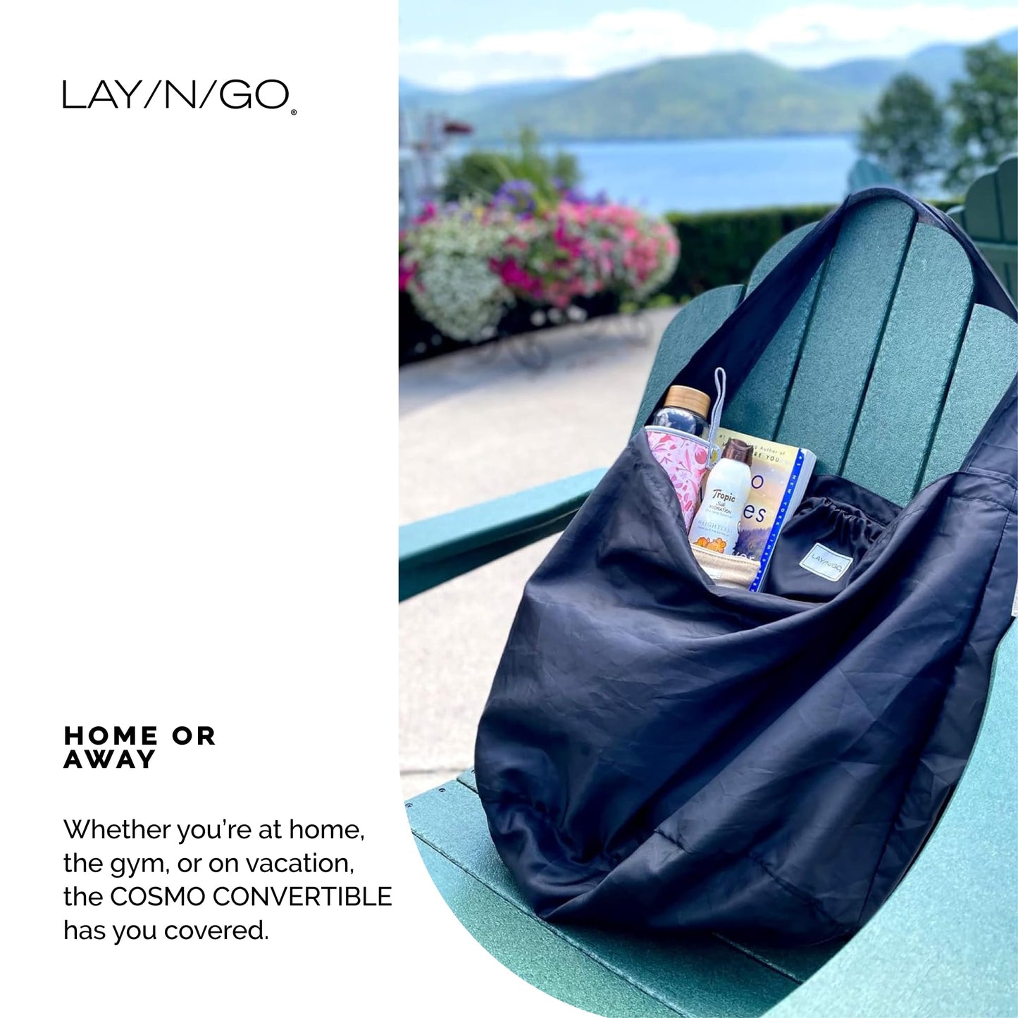 Lay-n-Go Cosmo Drawstring Cosmetic & Makeup Bag Organizer - Portable Drawstring Makeup Bag w/Zipper Pocket, Makeup Loops & More - Durable, Machine Washable Makeup Bag for Travel (20”, Black)