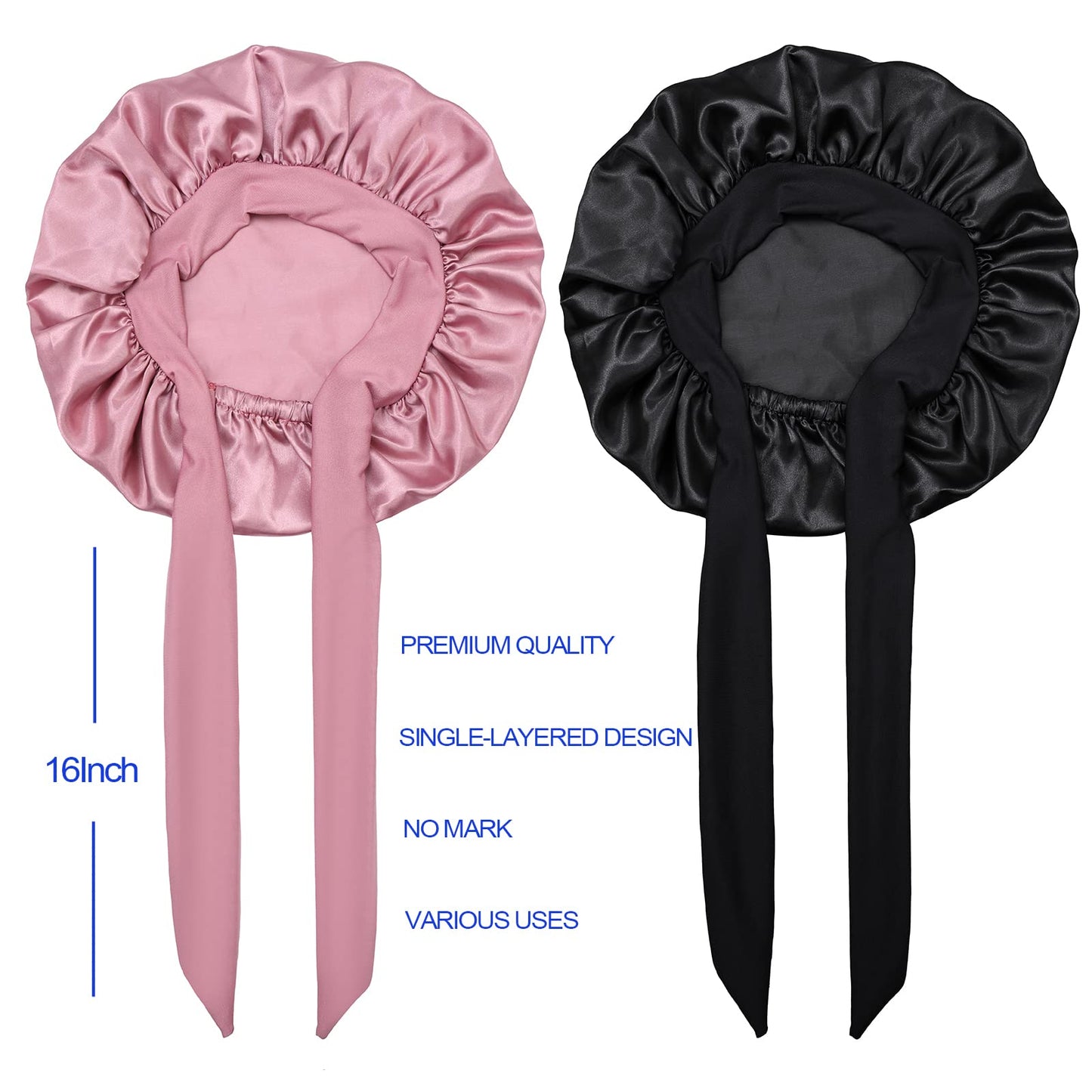 Satin Silk Bonnet Hair Cap: 2pcs Bonnets For Kids with Elastic Tie Band Adjustable Straps for Sleeping Sleep Comfortable - Stretchy Tie Band Hair Bonnets No Slip-Off (Black-RoseGold-K)