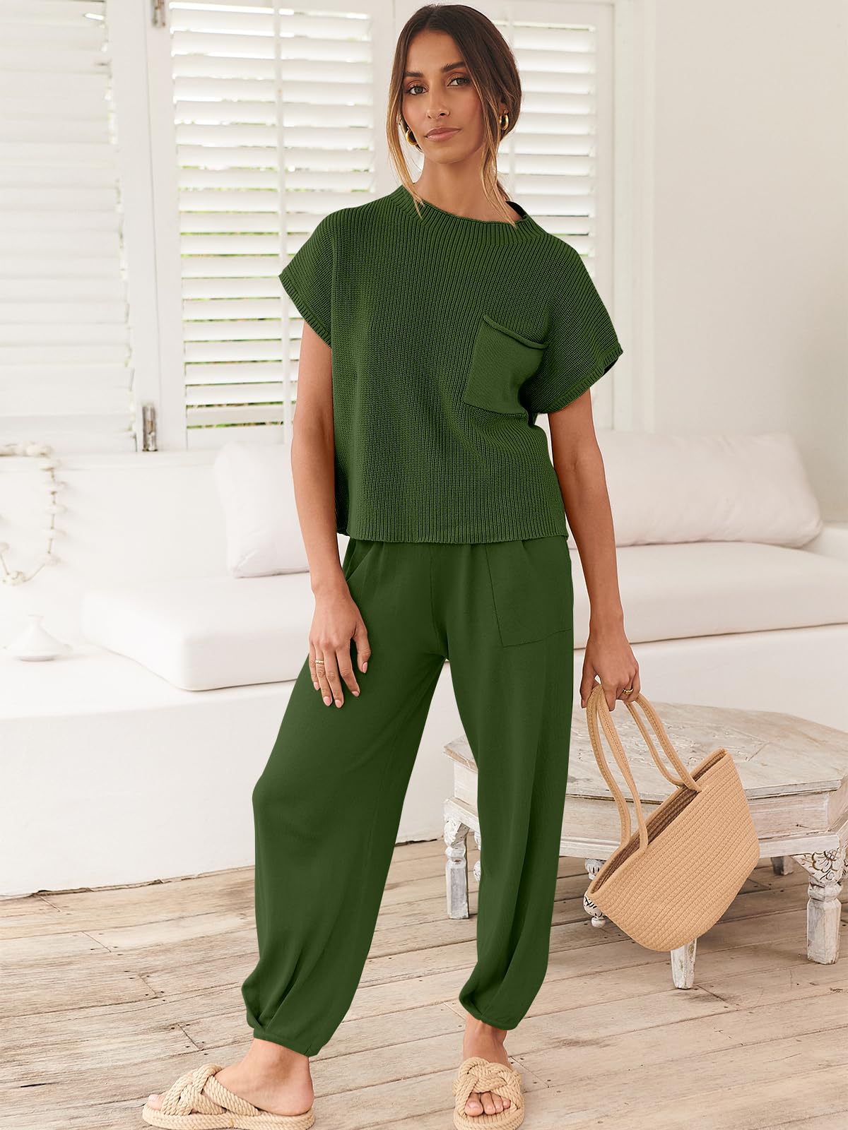 ANRABESS Women's Two Piece Outfits Knit Sweater Pullover Crop Top & Pants Lounge Matching Tracksuit Sweatsuit Sets 2024 Trendy Loungewear Clothes Amy Green X-Small