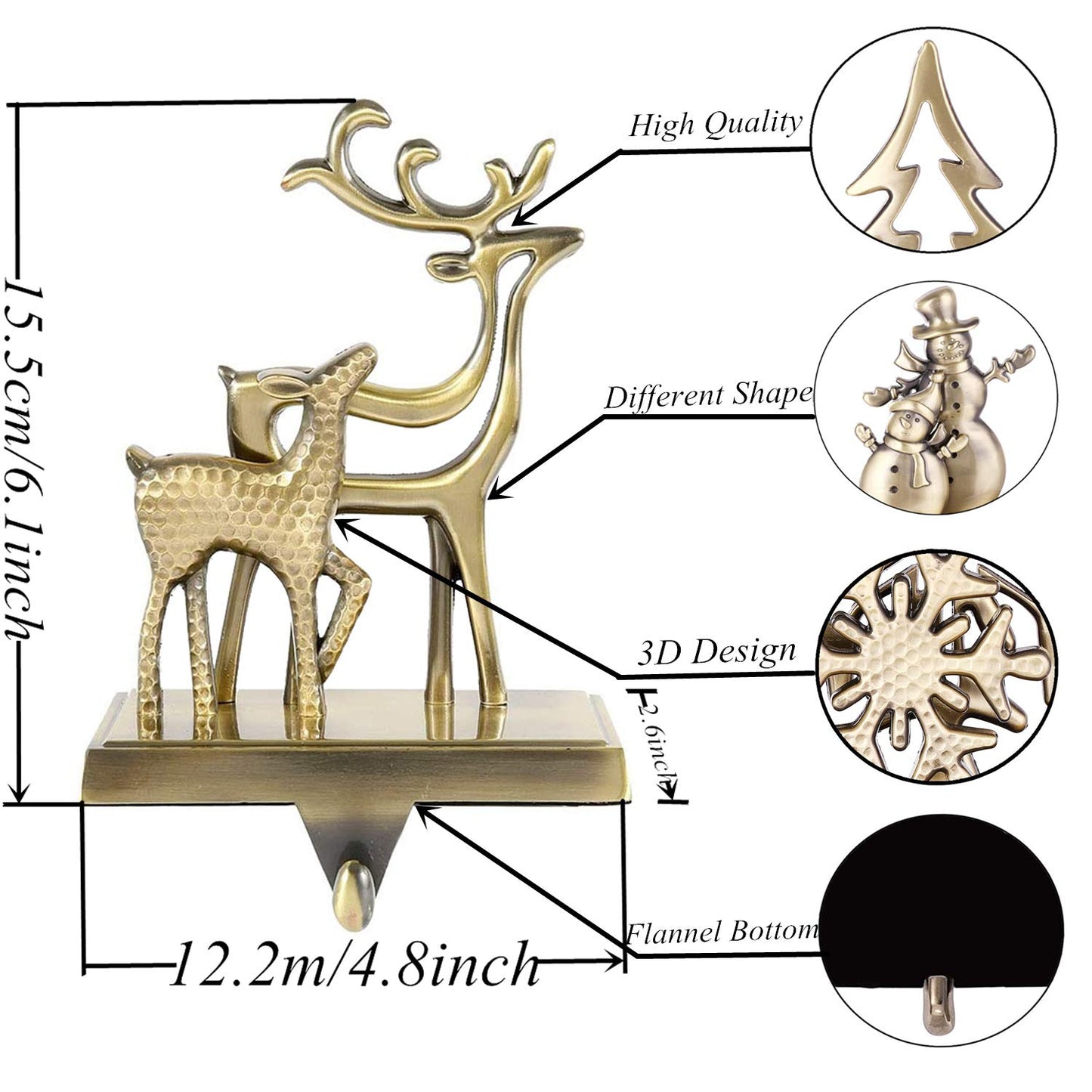 4Pcs Christmas Stocking Holders Double Mantle Anti-Slip Reindeer Christmas Tree Snowman Snowflake Deer Holders for Fireplace Xmas Decor (4, Bronze)