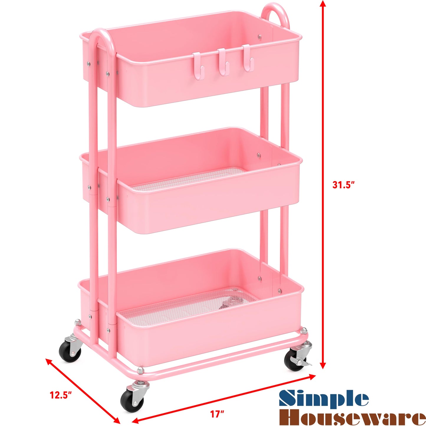 Simple Houseware Heavy Duty 3-Tier Metal Utility Rolling Cart, Pink