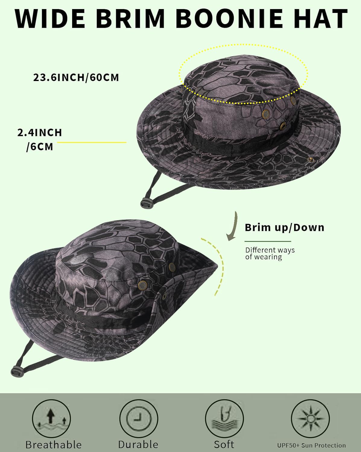 Sun Hats for Men Women Bucket Hat UPF 50+ Boonie Hat Foldable UV Protection Hiking Beach Fishing Summer Safari(1pack-Black Mang Pattern)