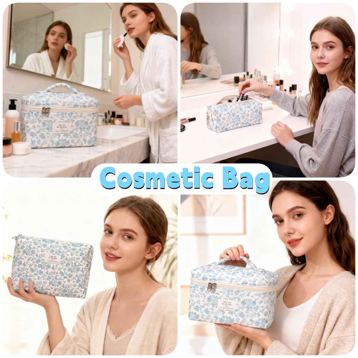 PGAXM 3PCS Makeup Bag,Quilted Cosmetic Bag,Large Floral Makeup Bag for Women,Cute Cotton Cosmetic Bag Set,Travel Toiletry Bag For Women