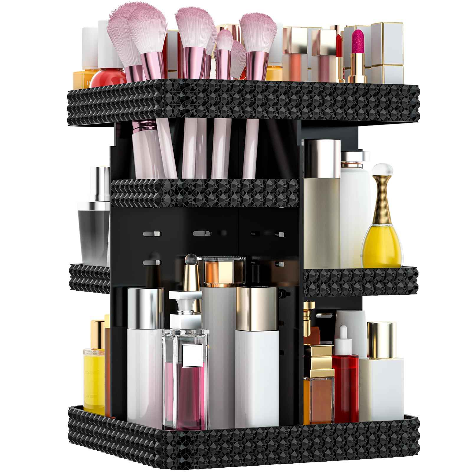 BOCONY Rotating Makeup Organizer, Large Capacity Cosmetic Display Case, Acrylic Skincare Organizer with Brush Holder, Makeup Storage Organizer for Dresser Countertop and Bathroom Vanity - Black