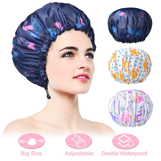 3 Pack Extra Large Double Layer Adjustable Shower Caps for Women, Waterproof Exterior & EVA Lining, Oversized Design for All Hair Lengths