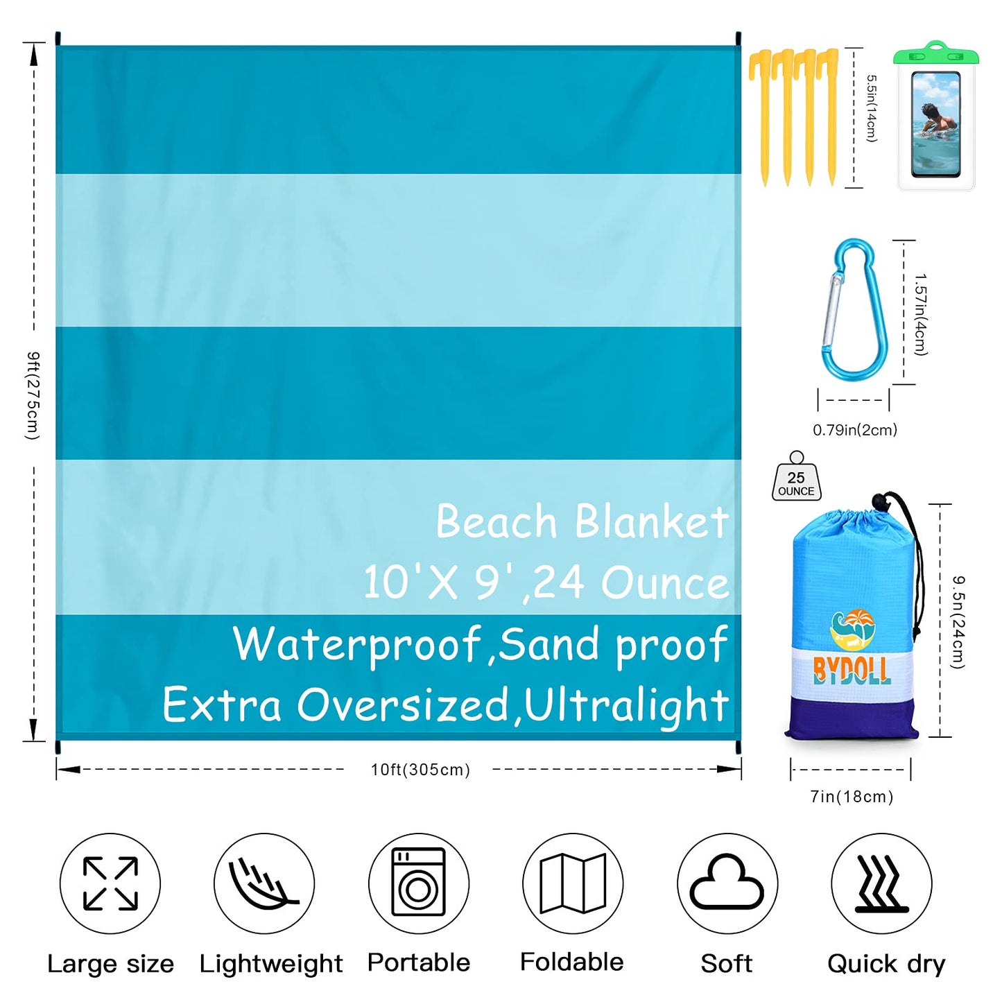 BYDOLL Beach Blanket 10'X 9' 1-8 Adults Oversized Lightweight Waterproof Sandproof Beach Blanket Large Picnic Mat Beach Blanket for Beach Travel Camping Hiking Picnic