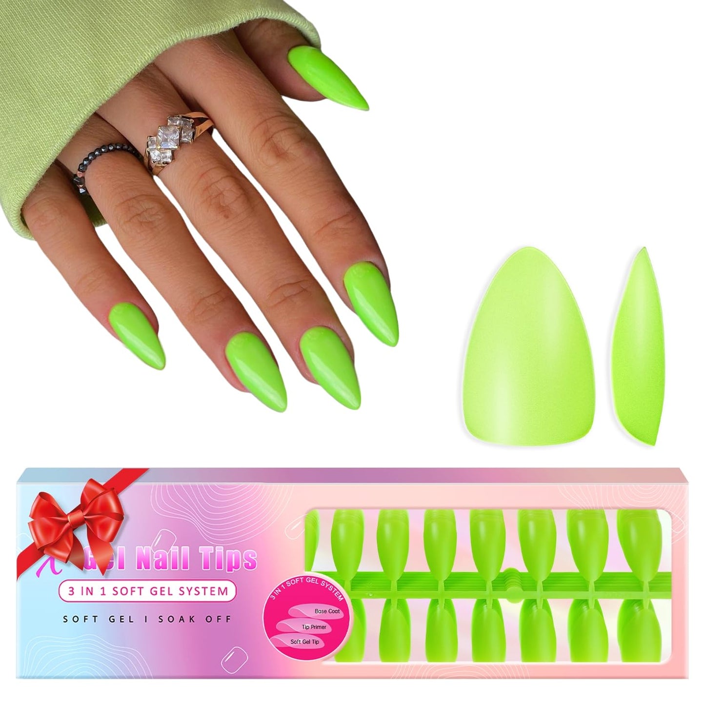 KQueenest Neon Green Gel Nail Tips - 300 Pcs Short Almond Press on Nails Kit, Pre-applied Tip Primer Acrylic Fake Nails, Vibrant Pre-Colored Gel Tip Nails, False Nails Extensions for Nail Art DIY