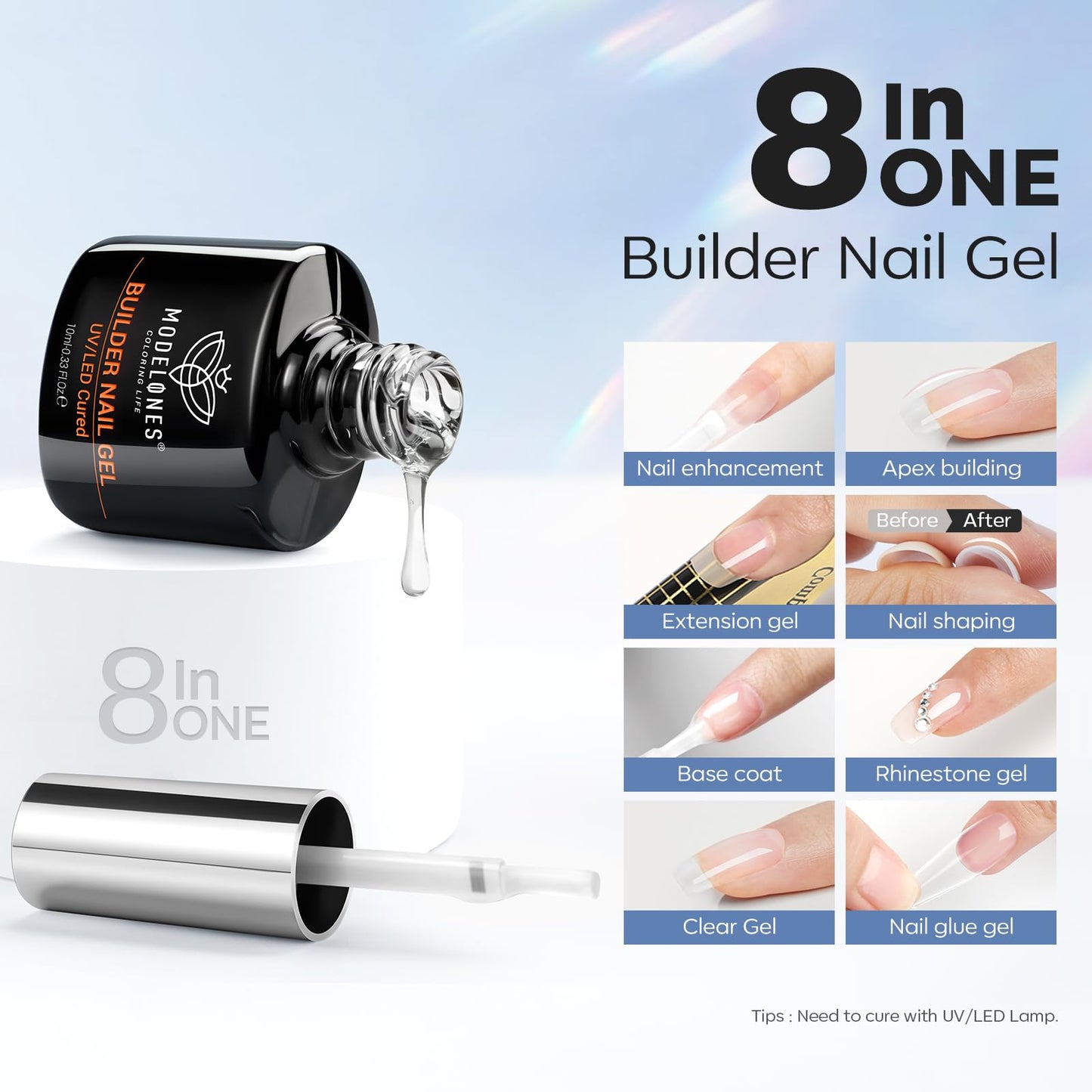 modelones Builder Nail Gel with Nail Dehydrator and Primer, 3Pcs Clear Gel Builder Acid Free Nail Prep Dehydrate & Bond Primer for Nail Thickening Apex Building Nail Extension, LED Nail Lamp Cured