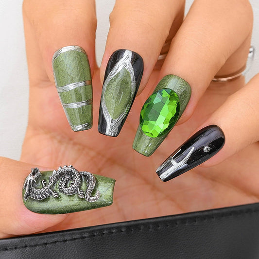 Sethexy Green Long Coffin False Nails Punk Rhinestone Fake Nails with Design Acrylic Salon Glossy Press On Nails for Women and Girls 10PCS (Green2)