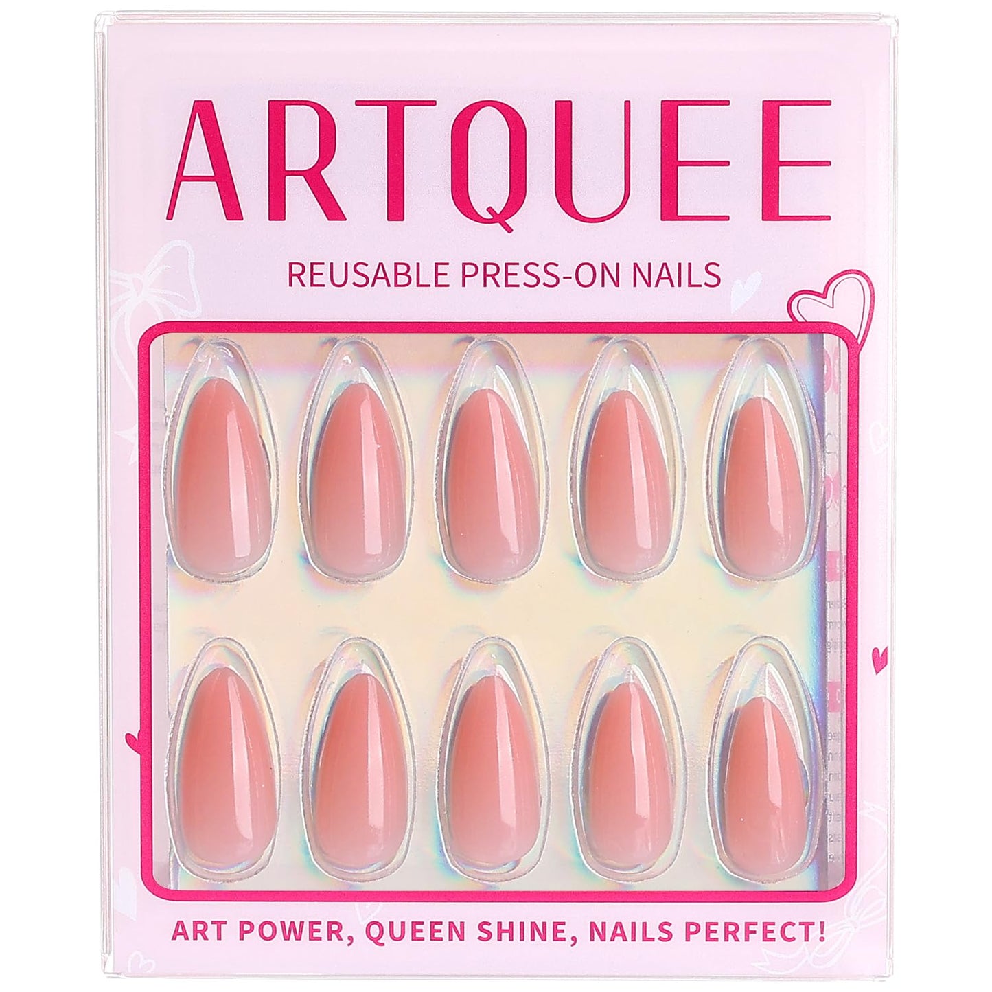 Artquee 30 Pcs Almond Press on Nails Light Pink Medium Fake Nails Acrylic Glossy Reusable Nails Tip Stick on Nails Kit for Women in 15 Sizes