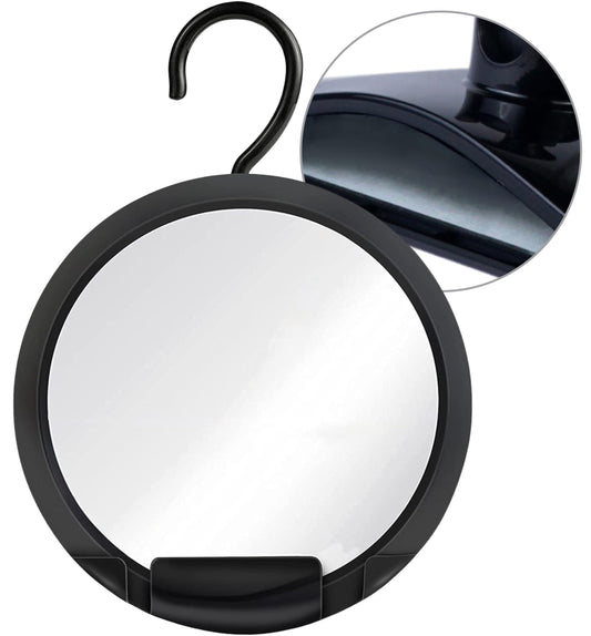 MIRRORVANA Dual Anti Fog Shower Mirror for Shaving with Hook for Hanging and Fogless Shatterproof Surface - Fill Back Chamber/Reservoir with Hot Water for Fog Free Shave (8" Diameter, Black)