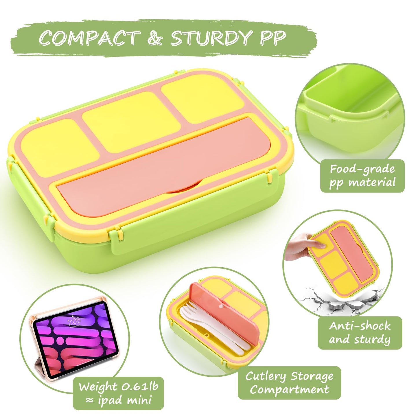 QQKO Bento Box for Kids Adults, School Toddler Lunch Box for Boys Girls, Lunch Box Containers with 4 Compartments, Sauce Container, Utensils, Food Picks and Muffin Cups for School, Pink Yellow Green