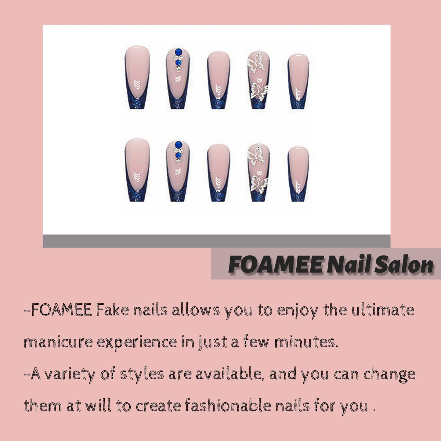 FOAMEE Press on Nails Long Coffin Bling Fake Nails with 3D Buttefly Designs Acrylic Glossy French Tip Nails False Nails for Women