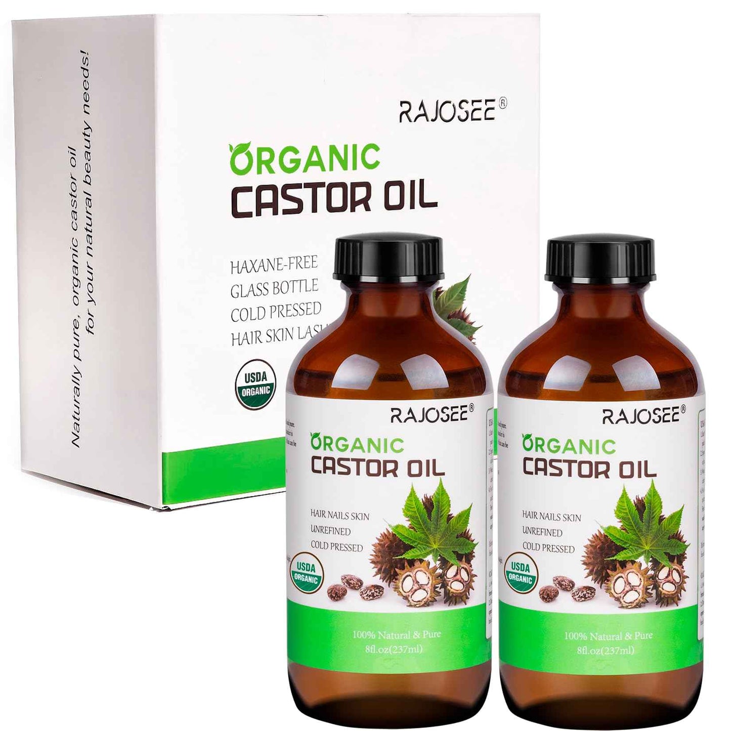 2 Pcs Certified Organic Castor Oil, Natural Oil Cold Pressed in Glass Bottle, Massage Oil, Pure for Hair Growth Eyelashes Eyebrows Lash Serum - Hexane Free, 8 oz Per Bottle