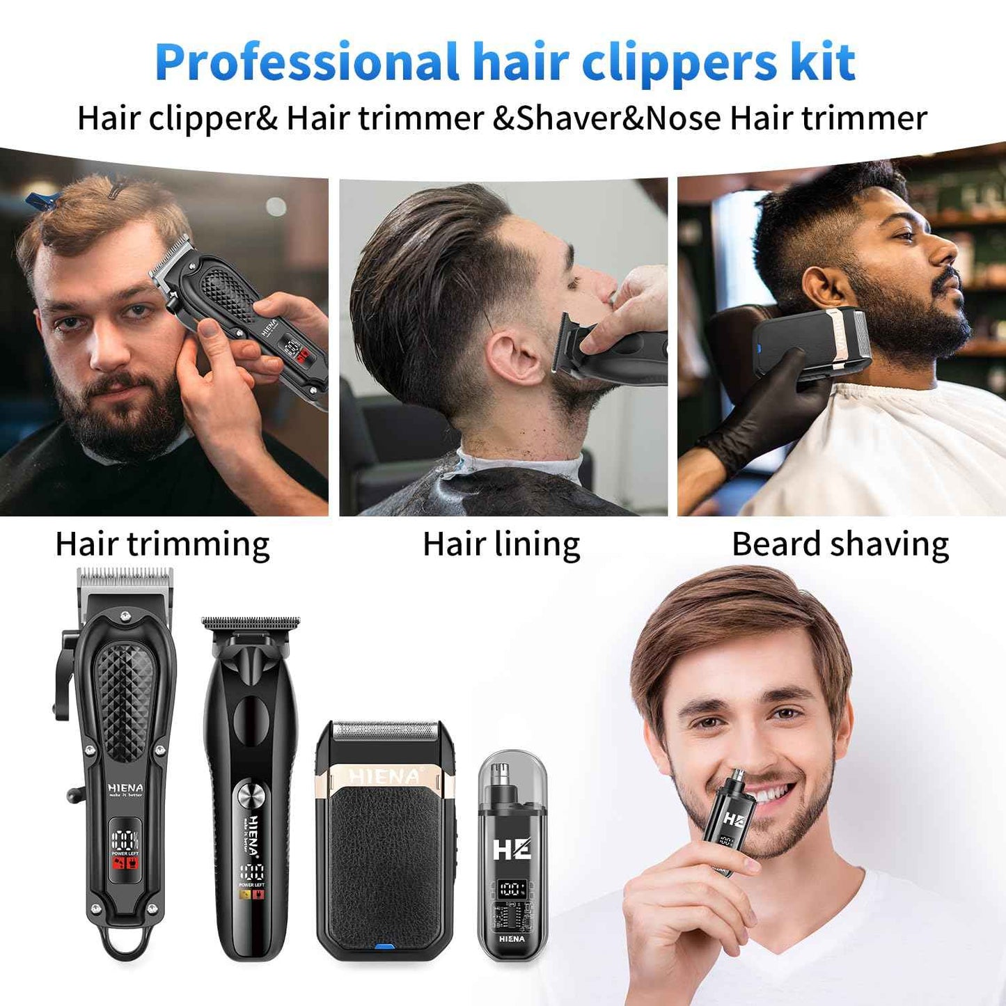 HIENA PRO Hair Clippers for Men Professional, Cordless Barber Clipper & T-Blade Beard/Hair Trimmer Set, Electric Razor Foil Shaver Nose Trimmer Barber Kit, Men's Hair Cutting Kit (212 Set)