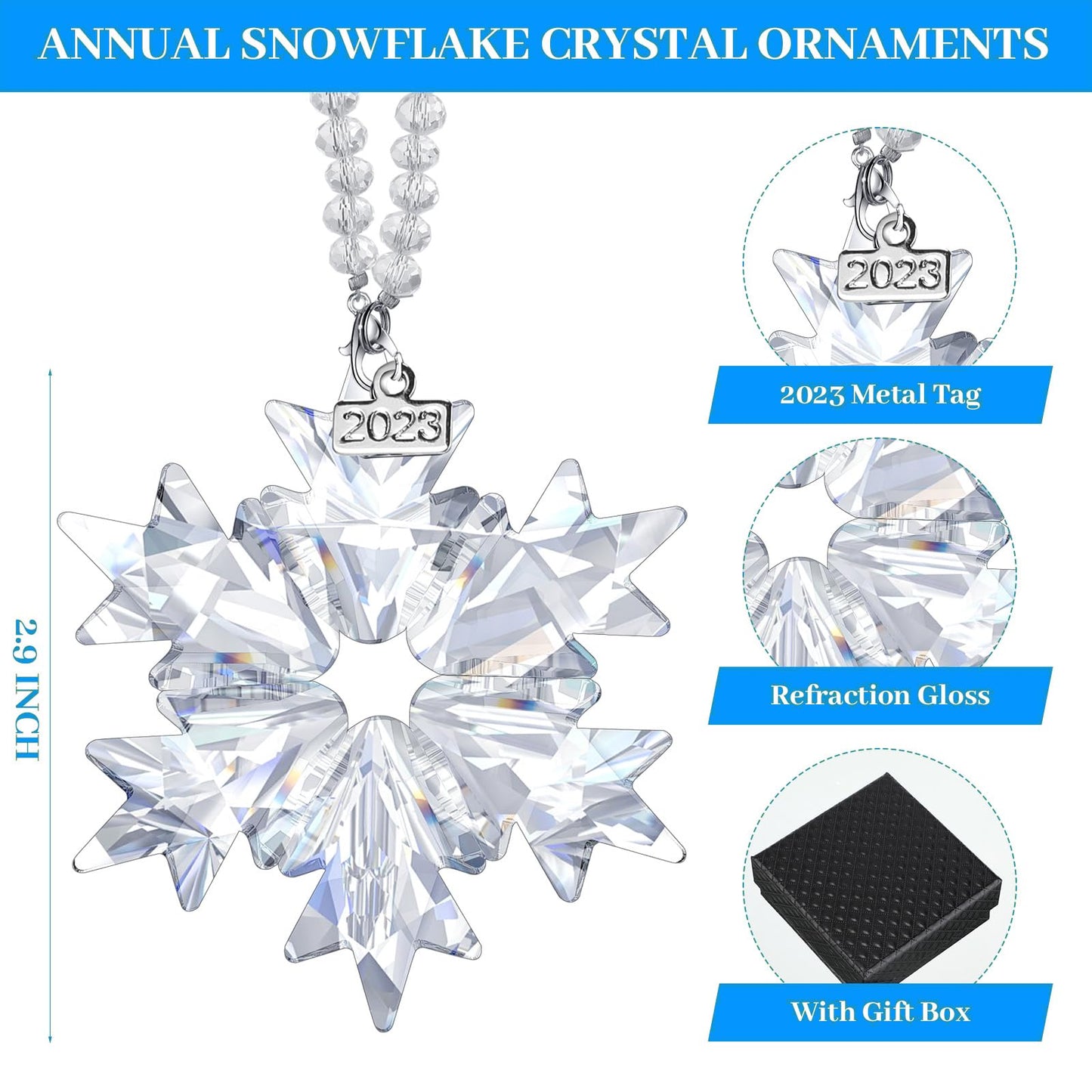 Remerry 2024 Annual Edition Christmas Ornaments White Clear Snowflake Crystal Ornaments Star Christmas Tree Hanging Pendant with Beads Chain Ribbon and Gift Box for Xmas Party(Clear,4 Sets)