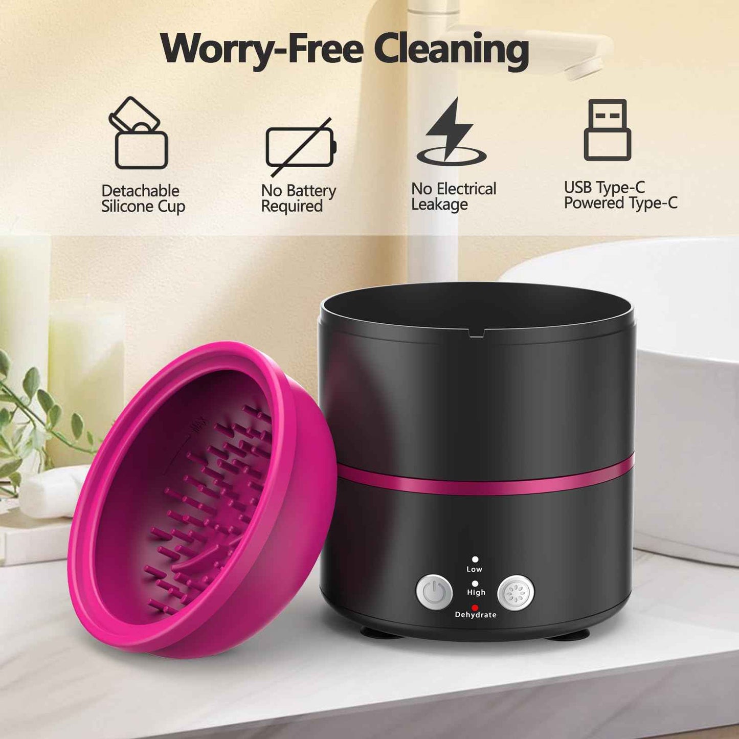Cucufor Electric Makeup Brush Cleaner Machine, 2 Speeds and Dehydration Powerful Friction Removes Residue on Makeup Brushes Set/Sponge/Powder Puffs, Efficient Cleaning, Spinning Washer Black Pink