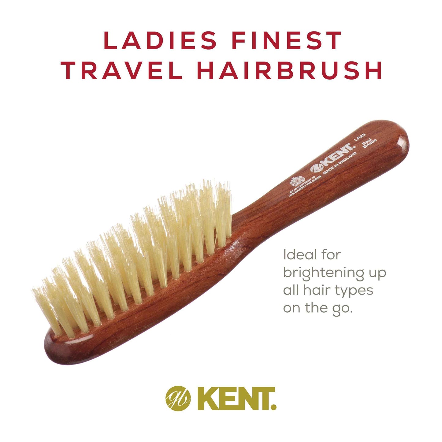 Kent LR23 Finest Ladies Narrow Style, Danta Wood, Pure White Bristle Hair Brush - Short to Medium Length Hair, Handbag Sized