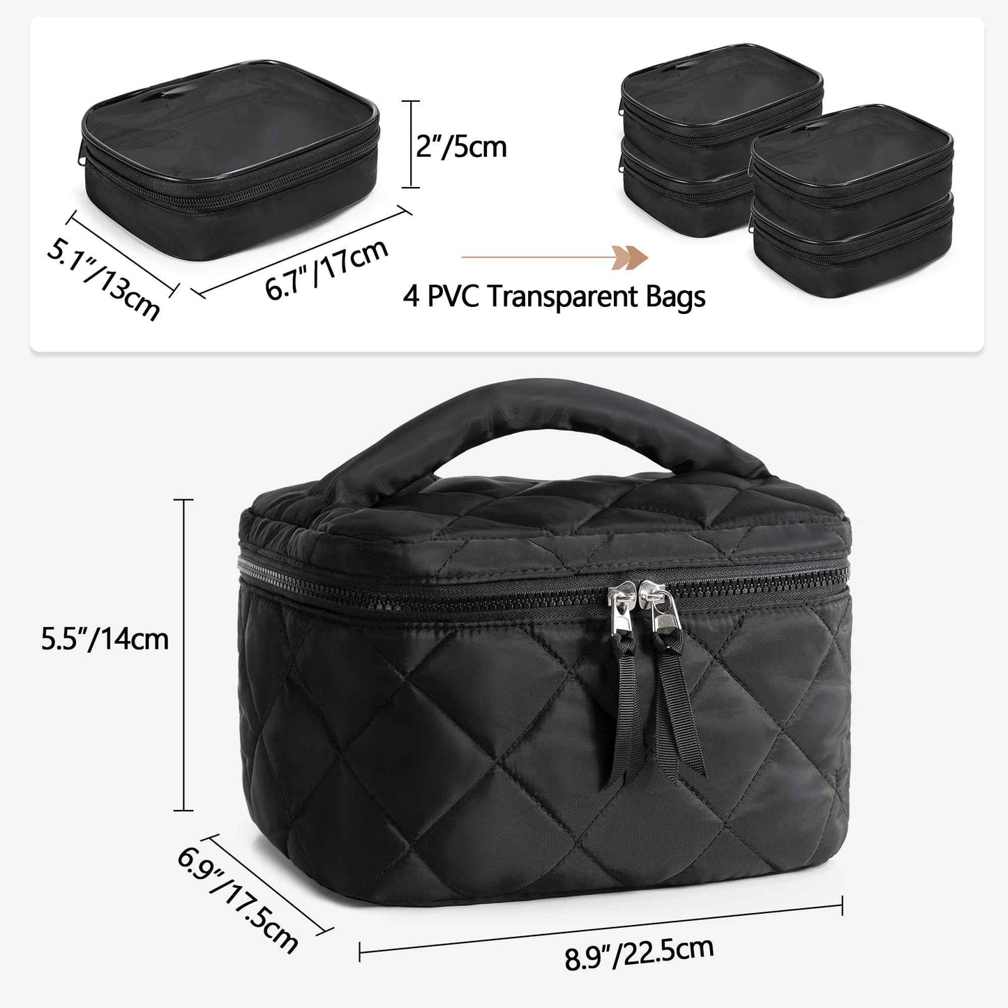 Trahzia Travel Makeup Bag with 4 Clear Cases, Large Quilted Cosmetic Organizer for Women, Puffy Storage Bag for Cosmetics, Photos or Pill Bottles, Black (Empty Bag)