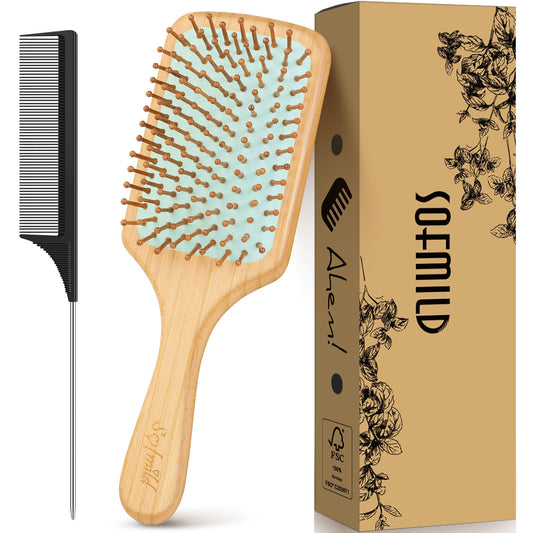 Hair Brush-Sofmild Natural Bamboo Wood Paddle Detangle Brush&Teasing Edge Hairbrush Set for Women Men Massaging Scalp Brushing Curly Straight Dry Hair Care Daily