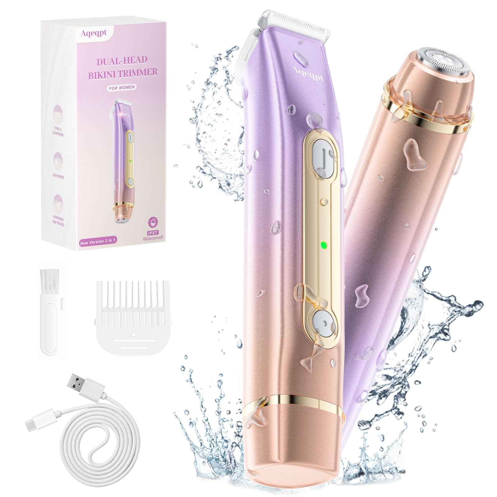 Bikini Trimmer for Women, Electric Razors with Dual Heads, Rechargeable Pubic Hair Trimmer with IPX7 Waterproof, Painless Pro Shaver for Underarm Leg Arm Body Face Private Area（RoyalRose）