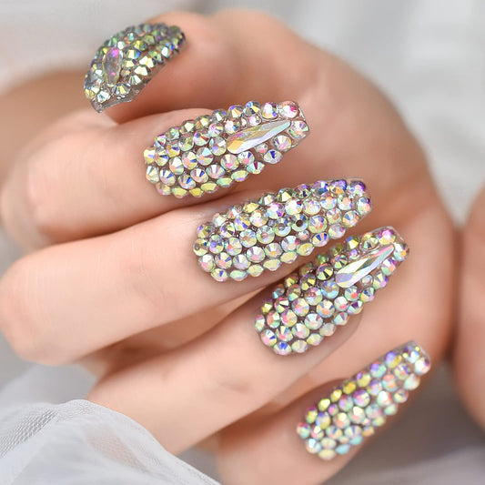 EchiQ 3D Decoration Gem Crystal Rhinestone Press On Nails All Diamond Faux Ongles High Shine Polish Gorgeous Luxurious Medium Coffin Full Cover Sophisticated False Nails