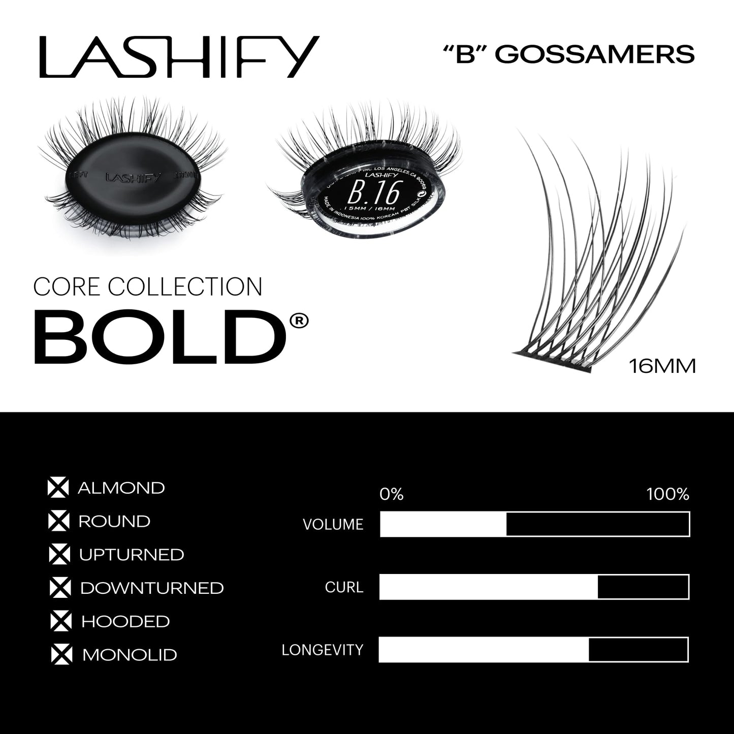 Lashify Bold 16mm Gossamer Eyelash Extensions Refill, Black, DIY False Lashes for a Natural Look