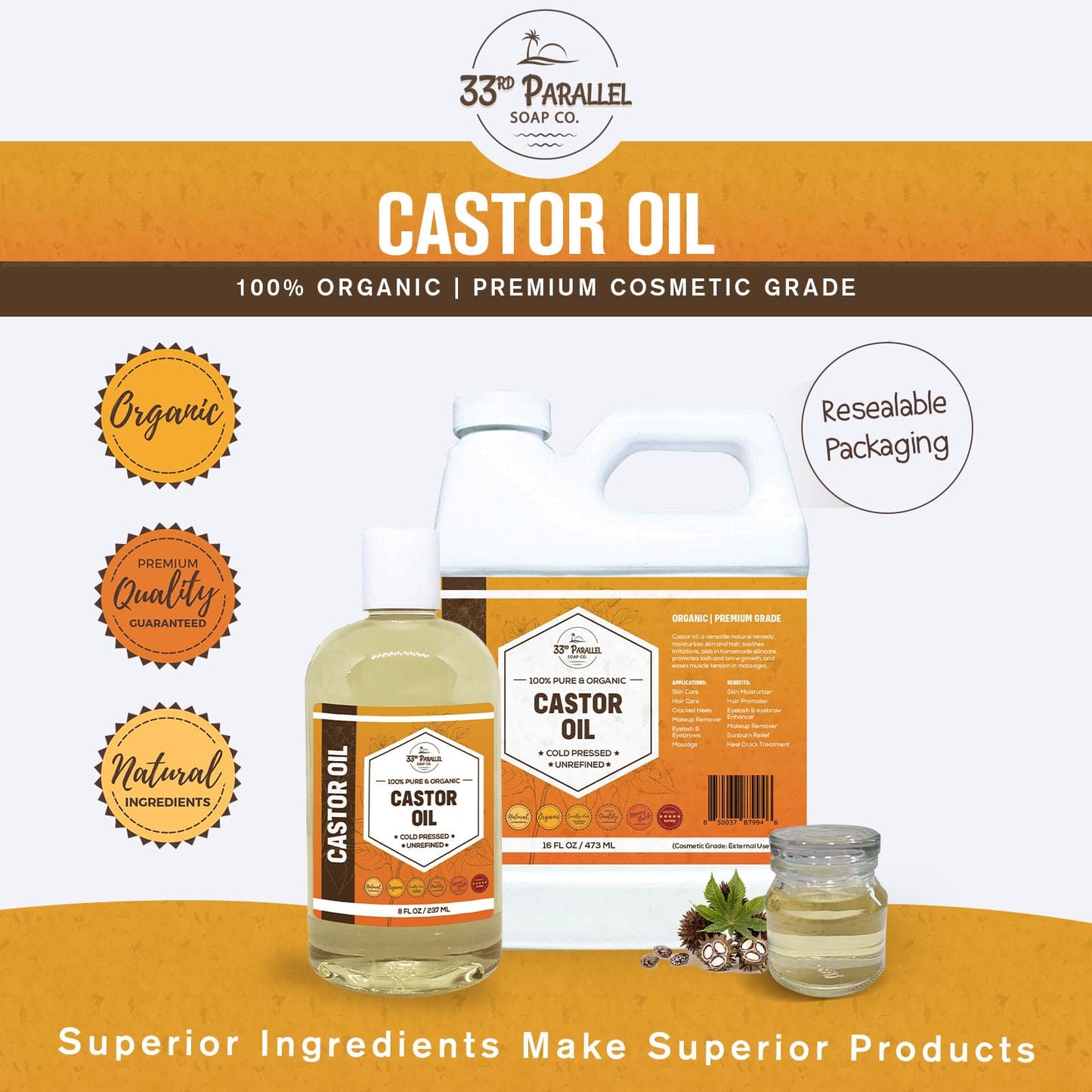 ORGANIC CASTOR OIL ( 32 oz ) Premium Cold Pressed Unrefined | 100% Natural Promotes Healthy Skin & Hair | Thickens Eyebrows Lengthens Eyelashes | Strengthens Nails Cuticles | Massage Oil | 32 FL OZ