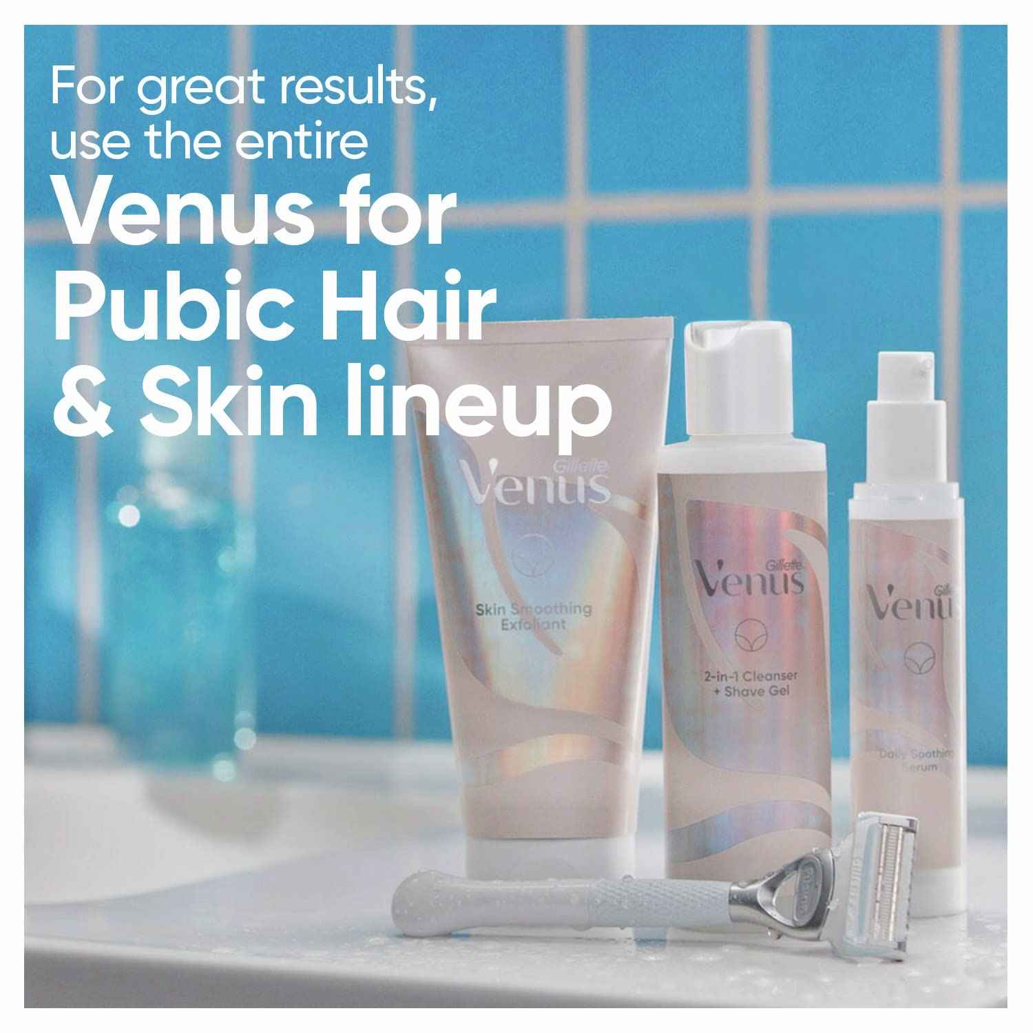 Gillette Venus for Pubic Hair and Skin, 1 Razor Handle + 2 Blade Refills, 2-in-1 Cleanser + Shave Gel and Daily Soothing Serum