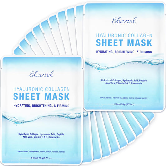 Ebanel 20 Pack Collagen Peptide Hydrating Face Masks, Instant Brightening Firming Anti Aging Face Sheet Masks, Moisturizing Spa Face Masks Skincare with Hyaluronic Acid, Vitamin C, Chamomile, Aloe