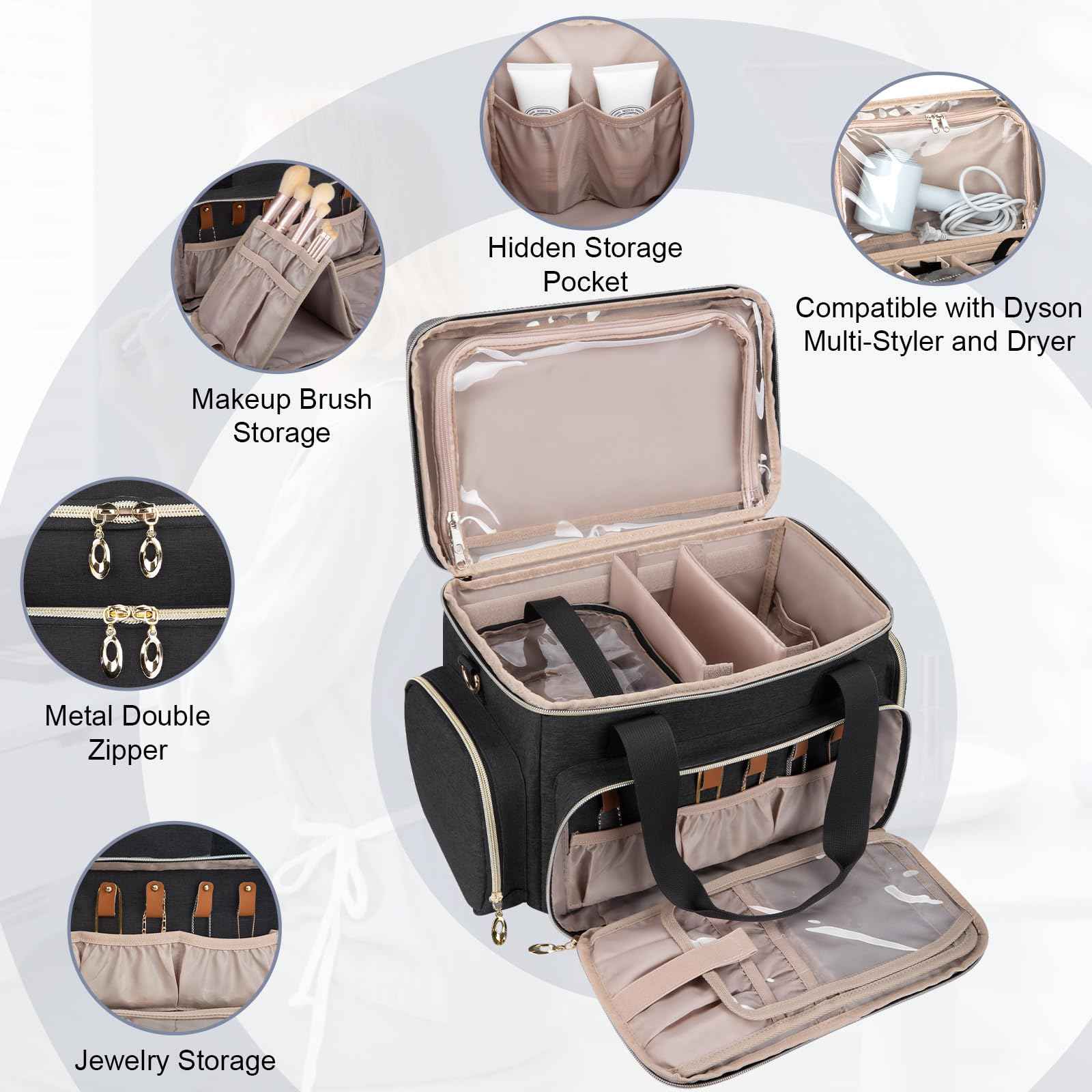 Large Makeup Bag, Portable Travel Makeup Bag Organizer for Women Girls with 2 Removable Pouches & Detachable Dividers, Cosmetic Travel Bag, Toiletry Bag for Makeup and Hair Supplies Black