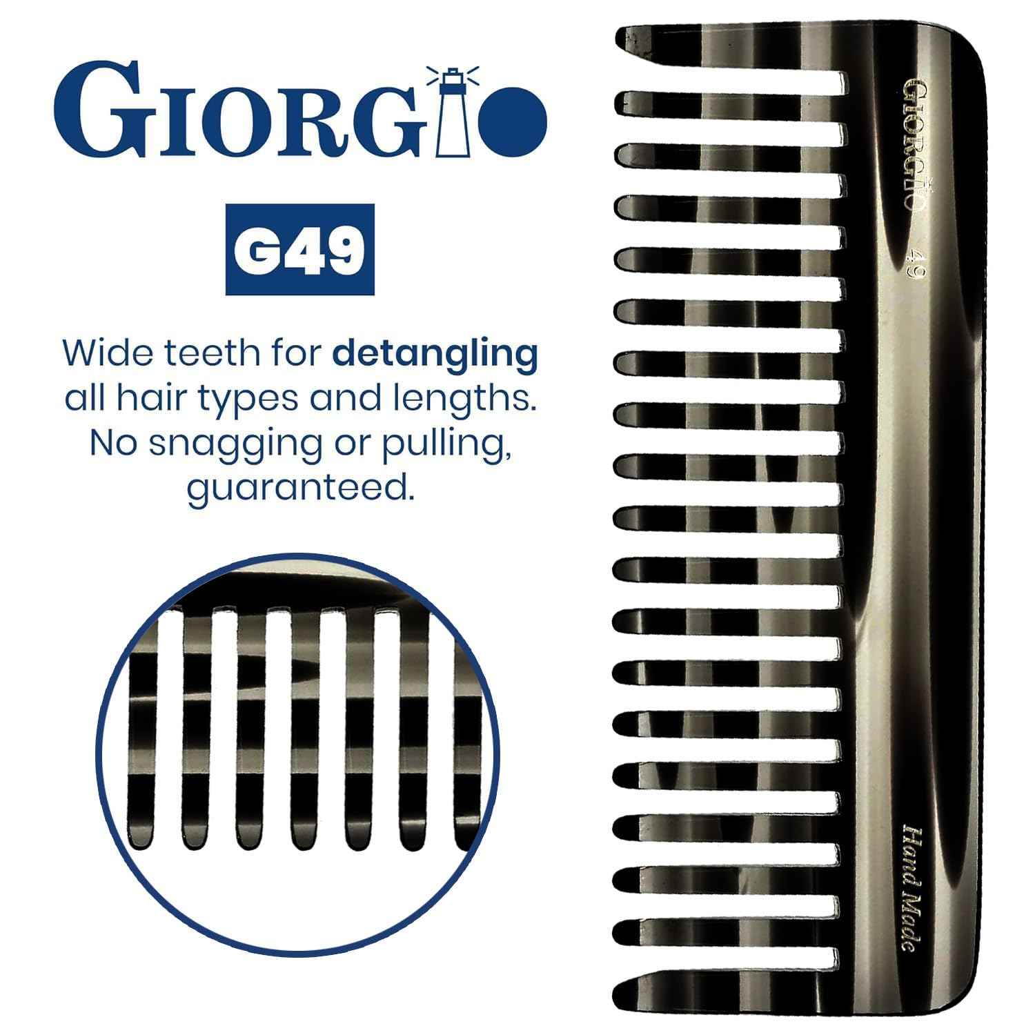 Giorgio G49 Graphite Large 5.75 Inch Hair Detangling Comb, Wide Teeth for Thick Curly Wavy Hair. Long Hairs Detangler Comb For Wet and Dry. Handmade of Quality Cellulose, Saw-Cut, Hand Polished